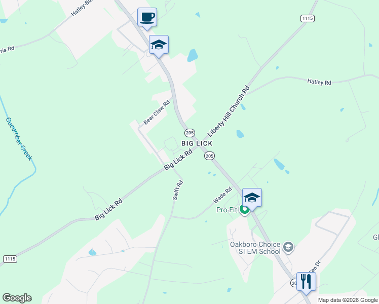 map of restaurants, bars, coffee shops, grocery stores, and more near State Road 1115 in Oakboro