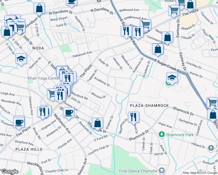 map of restaurants, bars, coffee shops, grocery stores, and more near 1500 Academy Street in Charlotte
