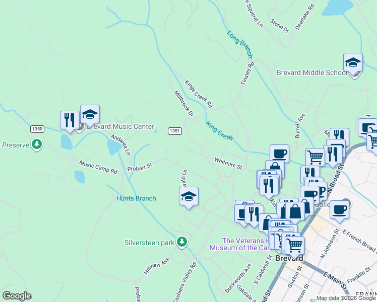 map of restaurants, bars, coffee shops, grocery stores, and more near 10 Hampton Road in Brevard