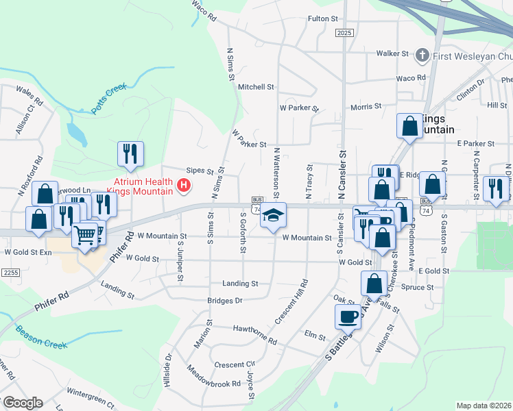map of restaurants, bars, coffee shops, grocery stores, and more near 598 West King Street in Kings Mountain