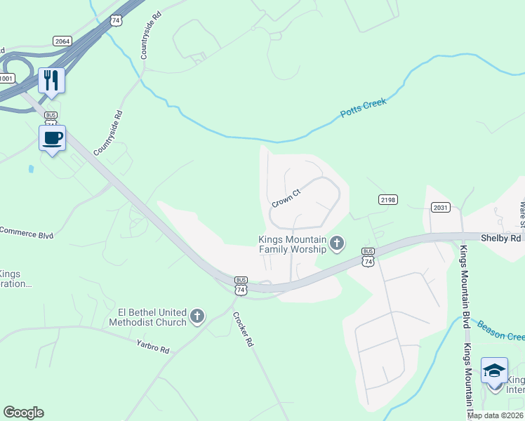 map of restaurants, bars, coffee shops, grocery stores, and more near 113 Crown Court in Kings Mountain