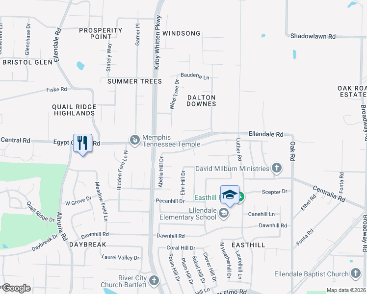 map of restaurants, bars, coffee shops, grocery stores, and more near 4213 Autumnhill Drive in Bartlett