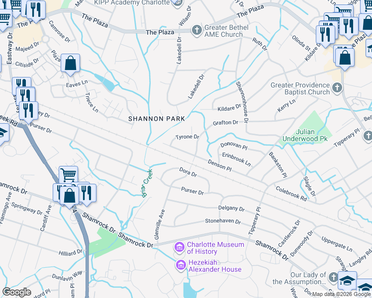 map of restaurants, bars, coffee shops, grocery stores, and more near 3329 Denson Place in Charlotte