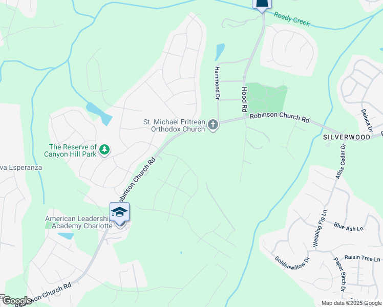 map of restaurants, bars, coffee shops, grocery stores, and more near 8804 Robinson Church Road in Charlotte