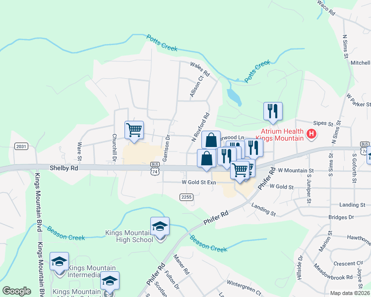 map of restaurants, bars, coffee shops, grocery stores, and more near 201 North Roxford Road in Kings Mountain