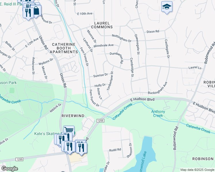 map of restaurants, bars, coffee shops, grocery stores, and more near 1031 Holly Drive in Gastonia