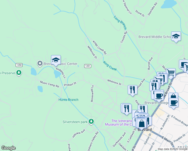 map of restaurants, bars, coffee shops, grocery stores, and more near 10 Hampton Road in Brevard