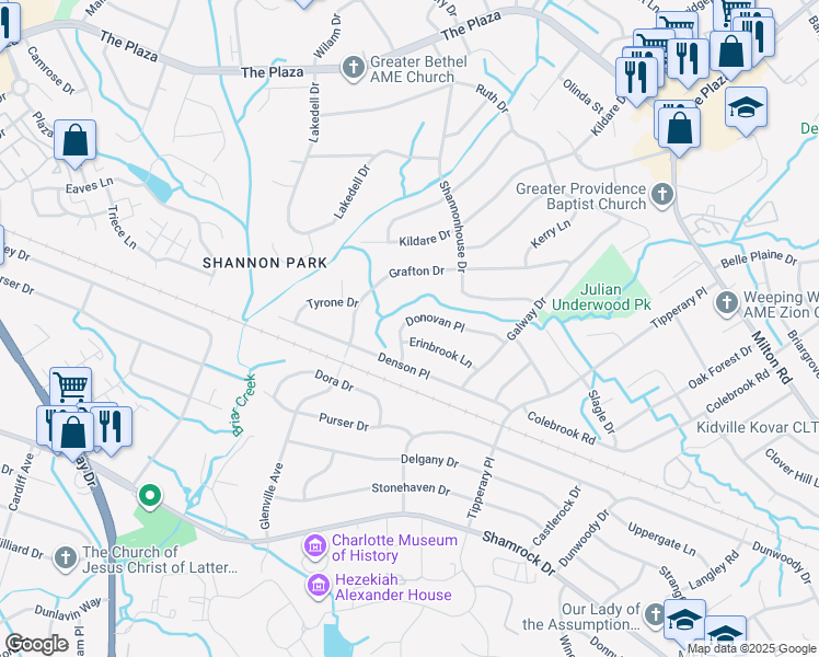 map of restaurants, bars, coffee shops, grocery stores, and more near 3324 Donovan Place in Charlotte