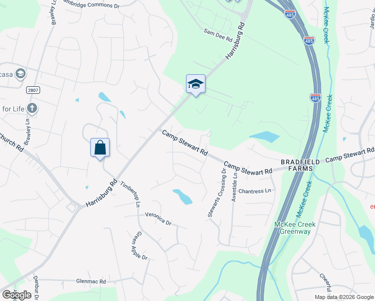 map of restaurants, bars, coffee shops, grocery stores, and more near 5513-5651 Camp Stewart Road in Charlotte
