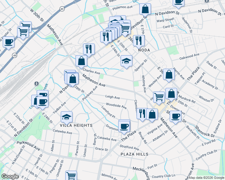 map of restaurants, bars, coffee shops, grocery stores, and more near 908 Matheson Avenue in Charlotte