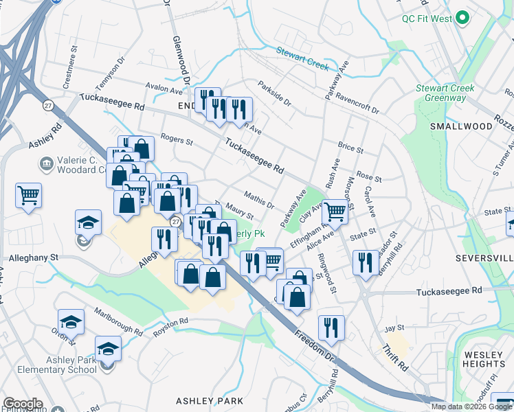 map of restaurants, bars, coffee shops, grocery stores, and more near 3121 Mathis Drive in Charlotte