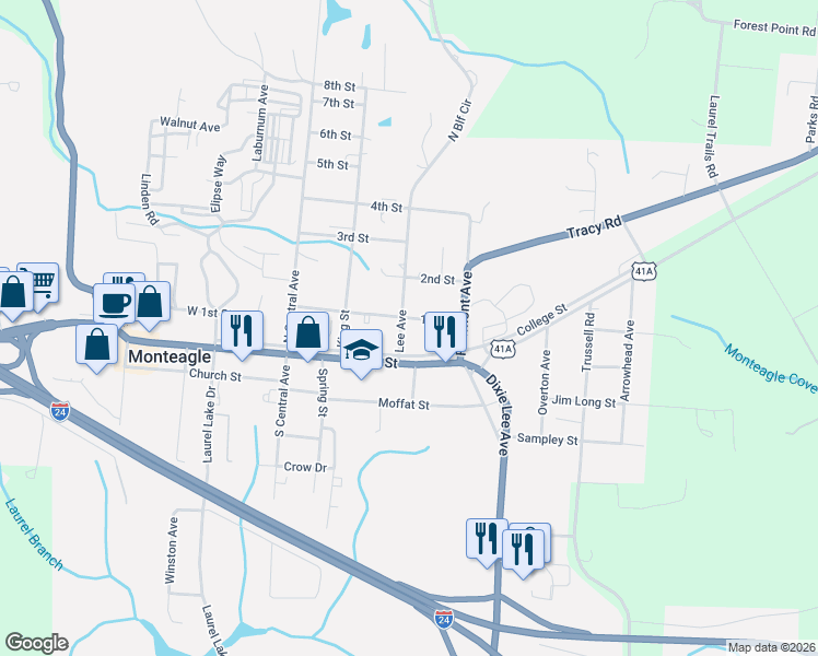 map of restaurants, bars, coffee shops, grocery stores, and more near 93 1st Street in Monteagle
