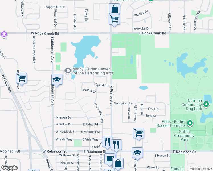 map of restaurants, bars, coffee shops, grocery stores, and more near 102 Crystal Circle in Norman