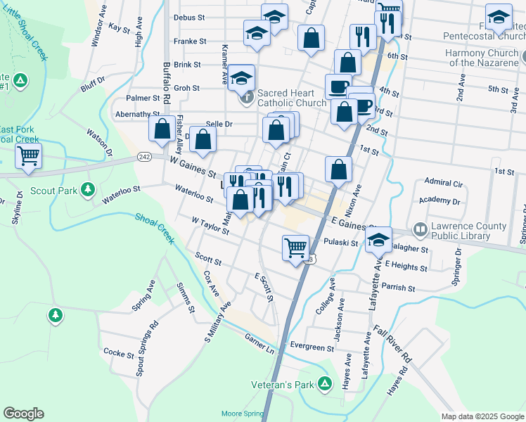 map of restaurants, bars, coffee shops, grocery stores, and more near 8 Public Square in Lawrenceburg