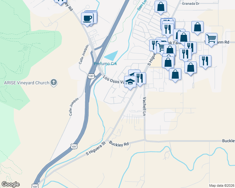 map of restaurants, bars, coffee shops, grocery stores, and more near 94 Encanto Ln in San Luis Obispo