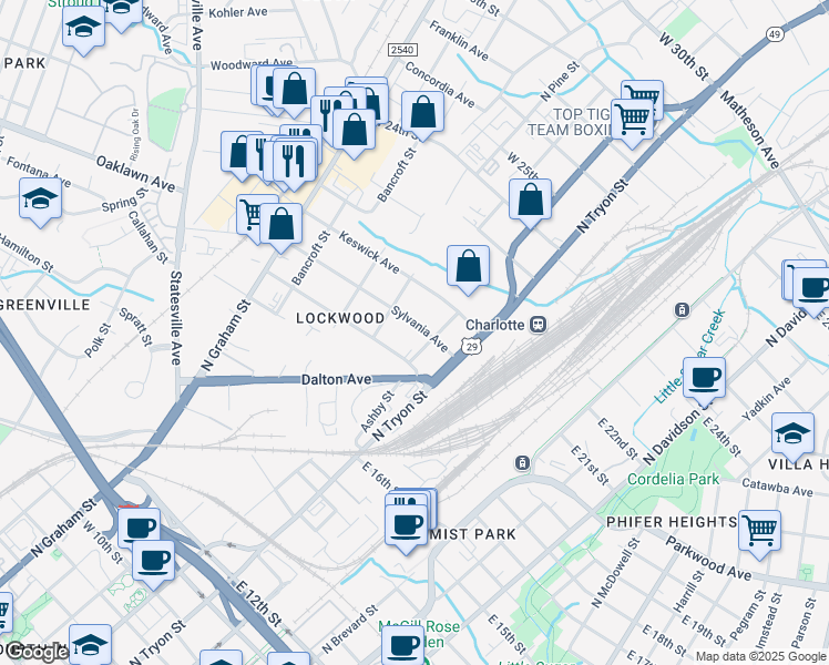 map of restaurants, bars, coffee shops, grocery stores, and more near 215 Sylvania Ave in Charlotte