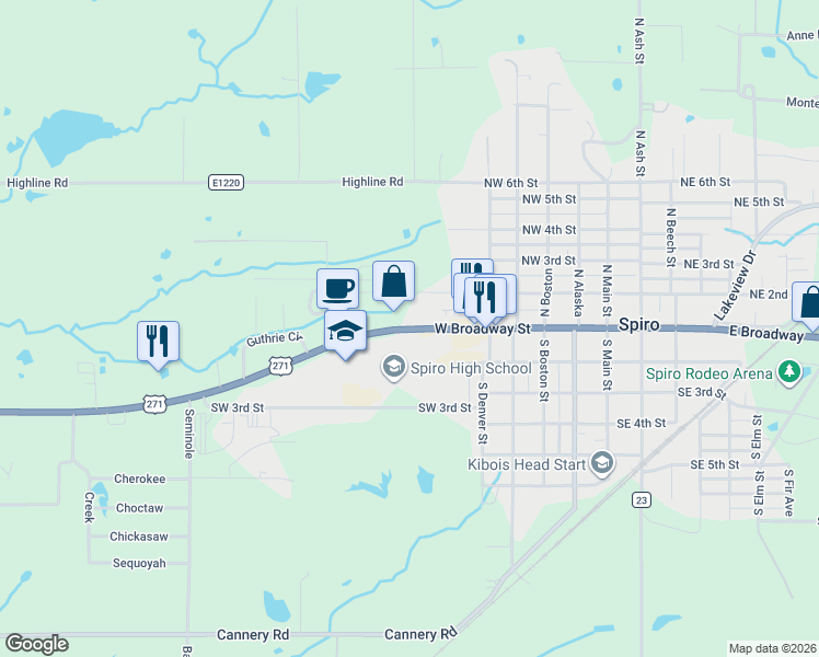 map of restaurants, bars, coffee shops, grocery stores, and more near 706 West Broadway in Spiro