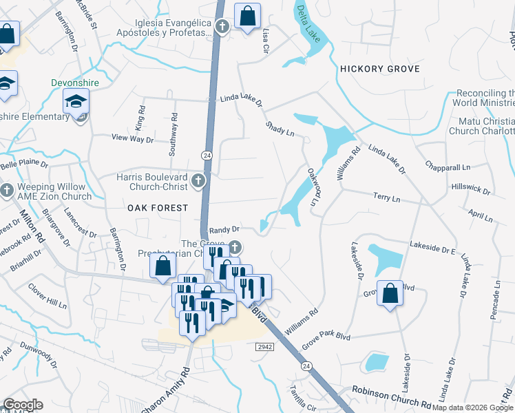 map of restaurants, bars, coffee shops, grocery stores, and more near 6232 Deliah Ln in Charlotte
