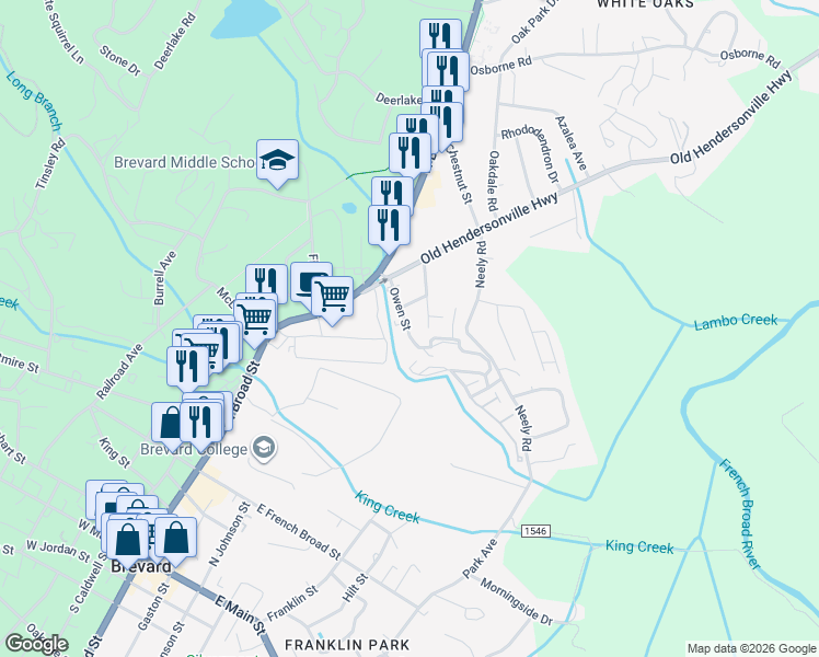 map of restaurants, bars, coffee shops, grocery stores, and more near 123 Owen Street in Brevard