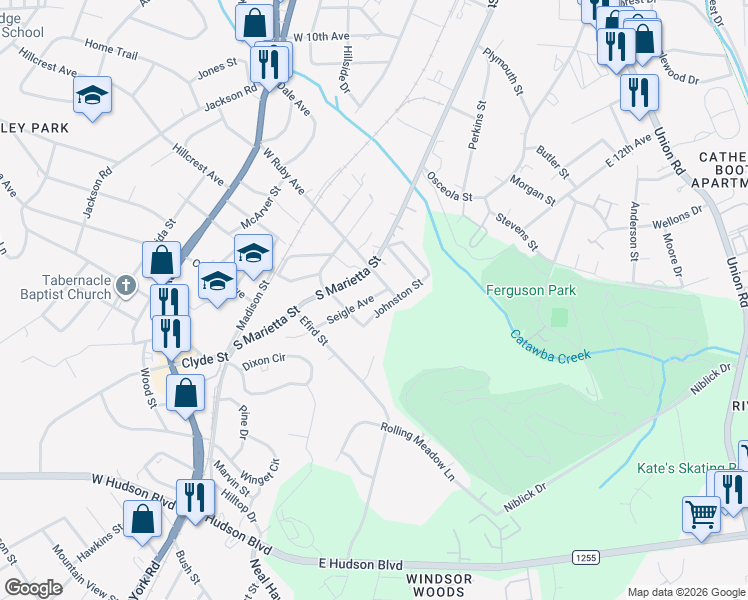 map of restaurants, bars, coffee shops, grocery stores, and more near 1410 Seigle Avenue in Gastonia