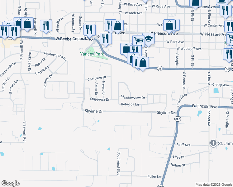 map of restaurants, bars, coffee shops, grocery stores, and more near 59 Rebecca Lane in Searcy