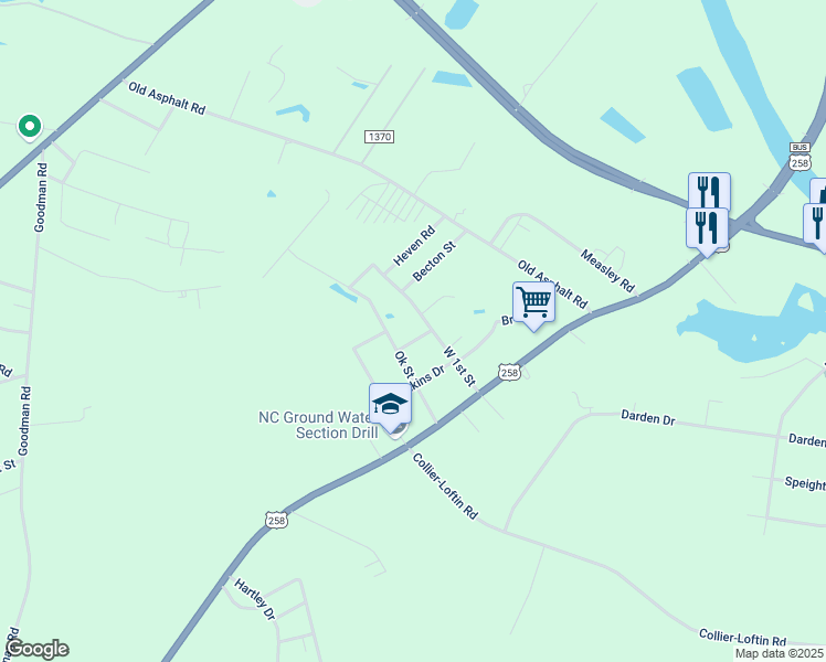 map of restaurants, bars, coffee shops, grocery stores, and more near 321 Louise Street in Kinston