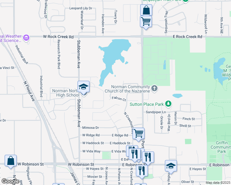 map of restaurants, bars, coffee shops, grocery stores, and more near 224 Skylark Court in Norman