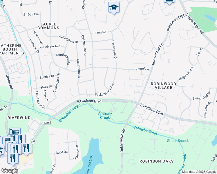 map of restaurants, bars, coffee shops, grocery stores, and more near 1604 Buckingham Avenue in Gastonia