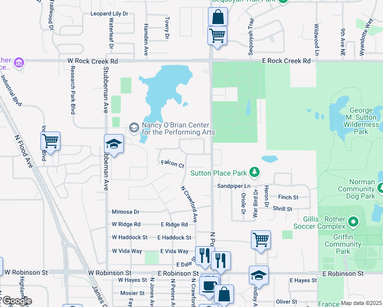 map of restaurants, bars, coffee shops, grocery stores, and more near 127 Crystal Circle in Norman