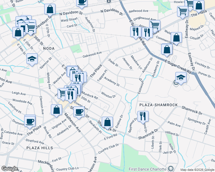 map of restaurants, bars, coffee shops, grocery stores, and more near 1501 Herrin Avenue in Charlotte