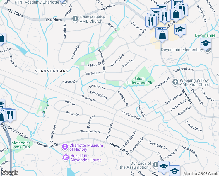 map of restaurants, bars, coffee shops, grocery stores, and more near 3519 Donovan Place in Charlotte