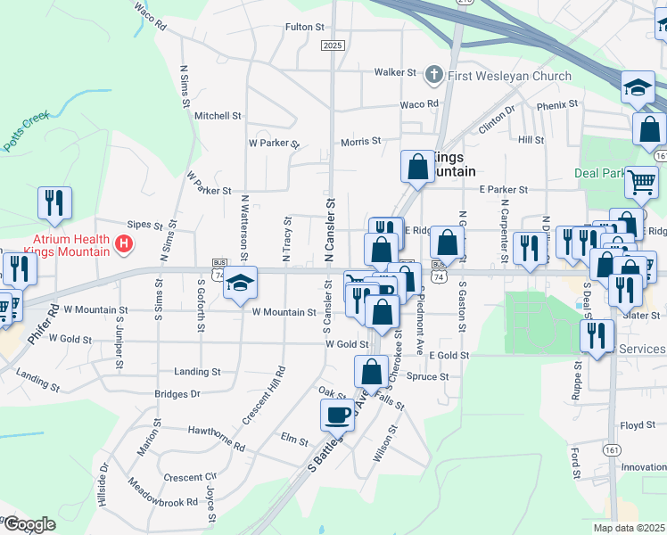 map of restaurants, bars, coffee shops, grocery stores, and more near 212 West King Street in Kings Mountain