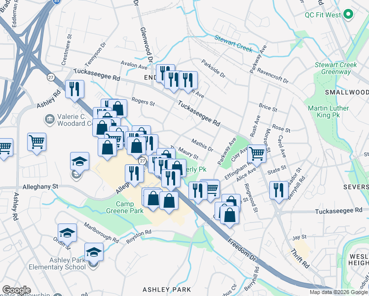 map of restaurants, bars, coffee shops, grocery stores, and more near 3157 Maury Street in Charlotte