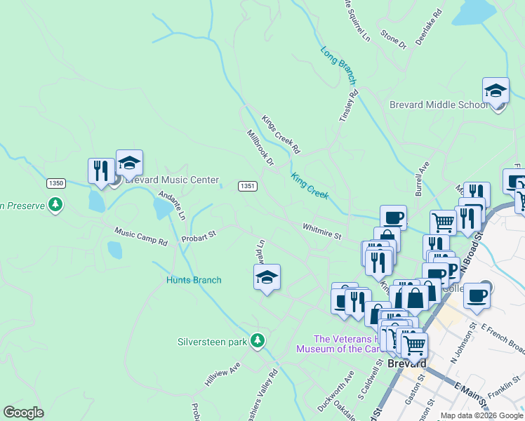 map of restaurants, bars, coffee shops, grocery stores, and more near 10 Hampton Road in Brevard