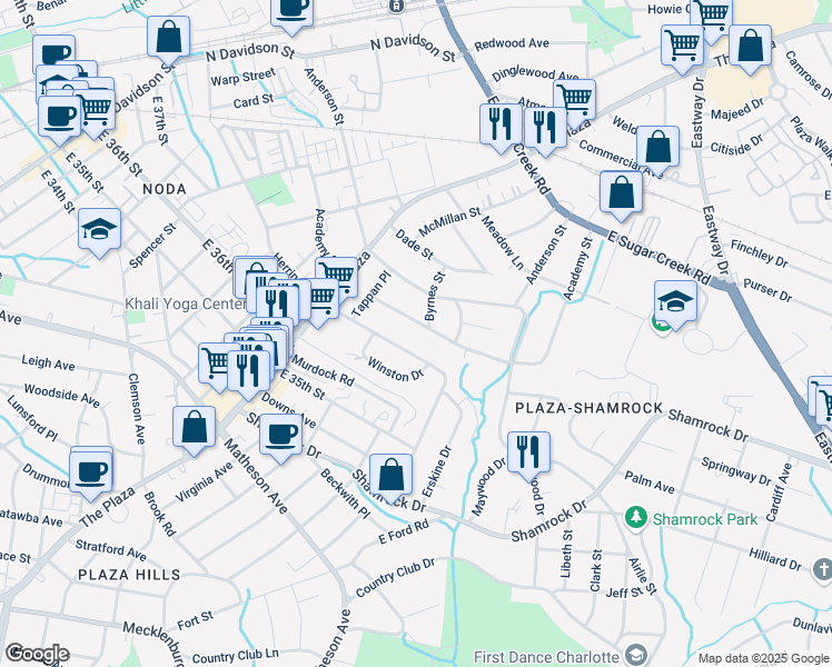map of restaurants, bars, coffee shops, grocery stores, and more near 1500 Academy Street in Charlotte