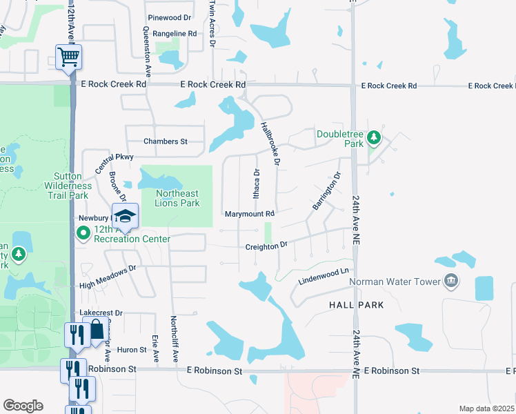 map of restaurants, bars, coffee shops, grocery stores, and more near 1903 Ithaca Drive in Norman