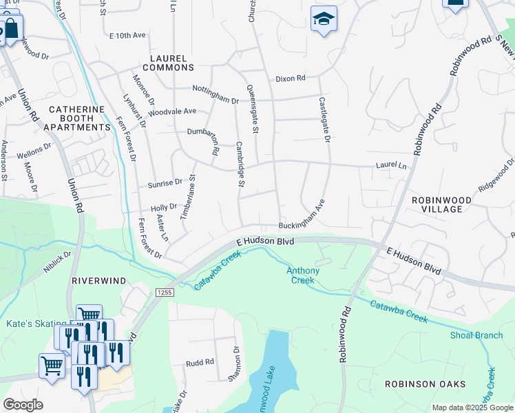 map of restaurants, bars, coffee shops, grocery stores, and more near 1445 Kings Court in Gastonia
