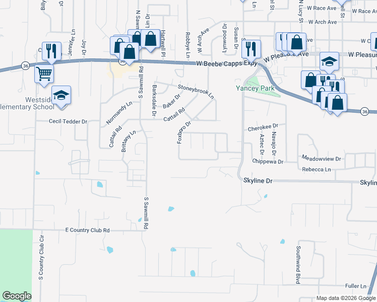 map of restaurants, bars, coffee shops, grocery stores, and more near 16 Cottonwood Drive in Searcy