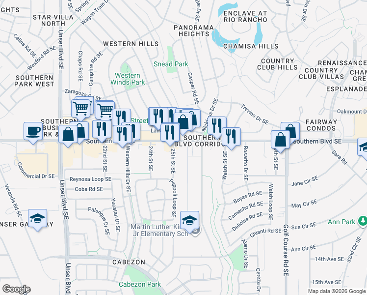 map of restaurants, bars, coffee shops, grocery stores, and more near 1029 26th Street Southeast in Rio Rancho