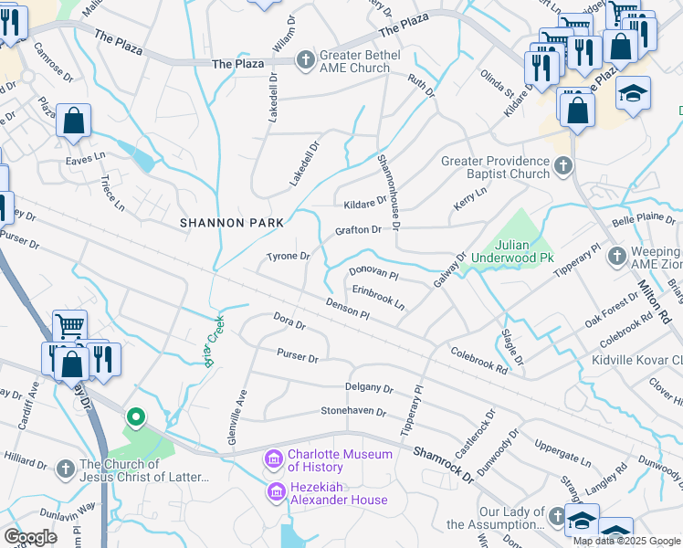 map of restaurants, bars, coffee shops, grocery stores, and more near 3324 Donovan Place in Charlotte