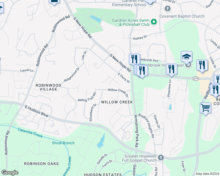 map of restaurants, bars, coffee shops, grocery stores, and more near 808 Willow Creek Drive in Gastonia