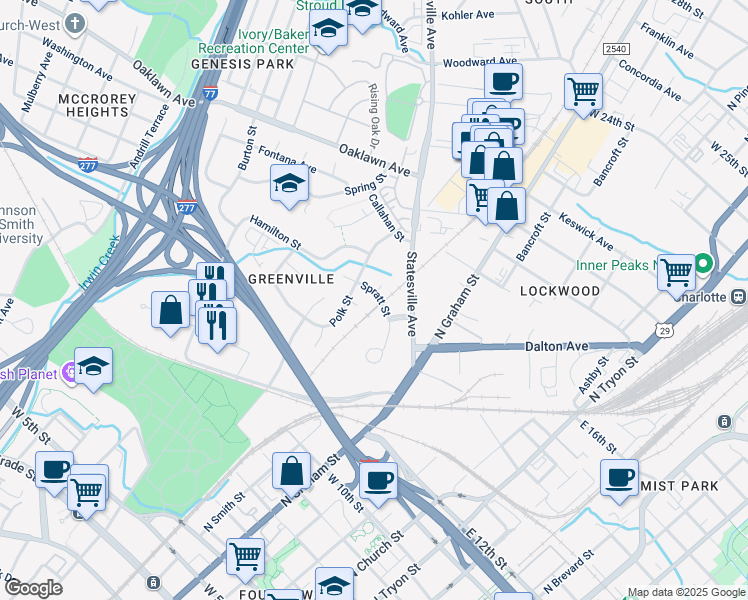 map of restaurants, bars, coffee shops, grocery stores, and more near 707 Spratt Street in Charlotte