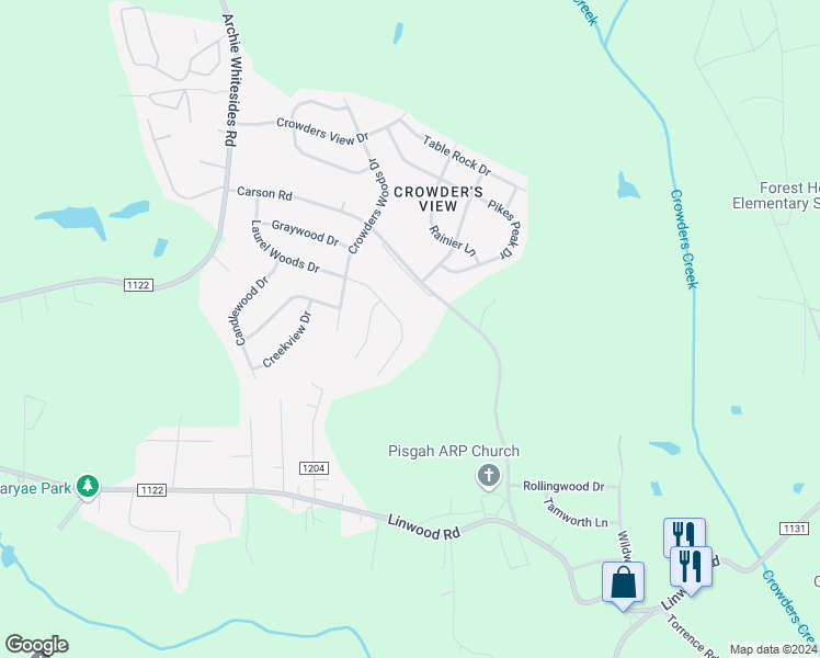 map of restaurants, bars, coffee shops, grocery stores, and more near 1283 Laurel Woods Drive in Gastonia