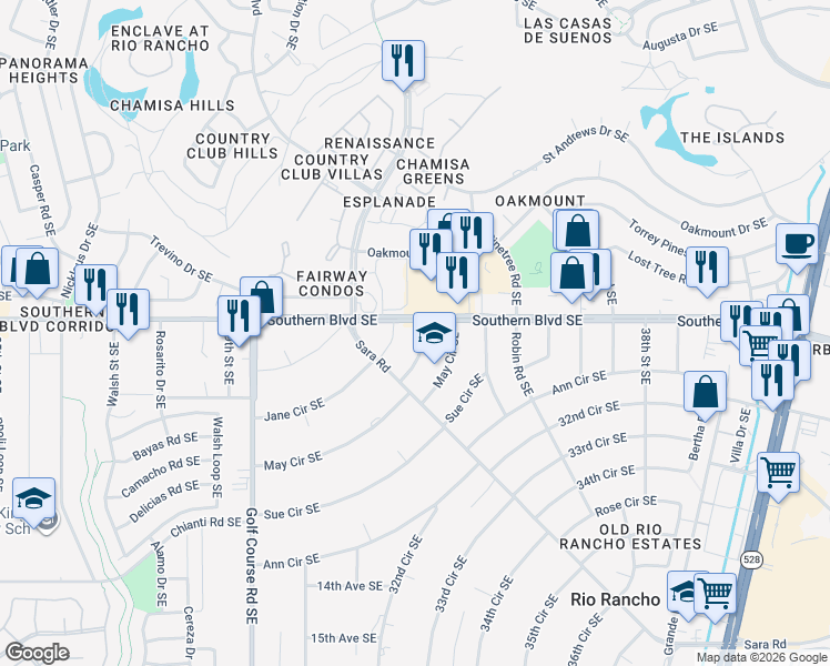map of restaurants, bars, coffee shops, grocery stores, and more near 3305 Sally Circle Southeast in Rio Rancho