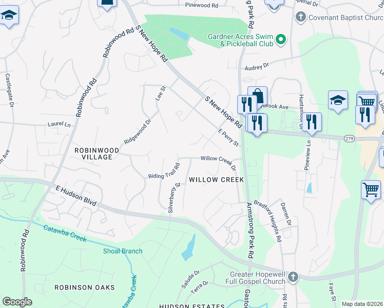 map of restaurants, bars, coffee shops, grocery stores, and more near 724 Willow Creek Drive in Gastonia