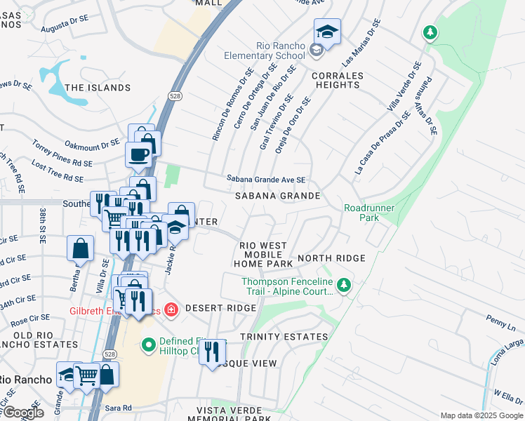 map of restaurants, bars, coffee shops, grocery stores, and more near 15 Serena Drive Southeast in Rio Rancho