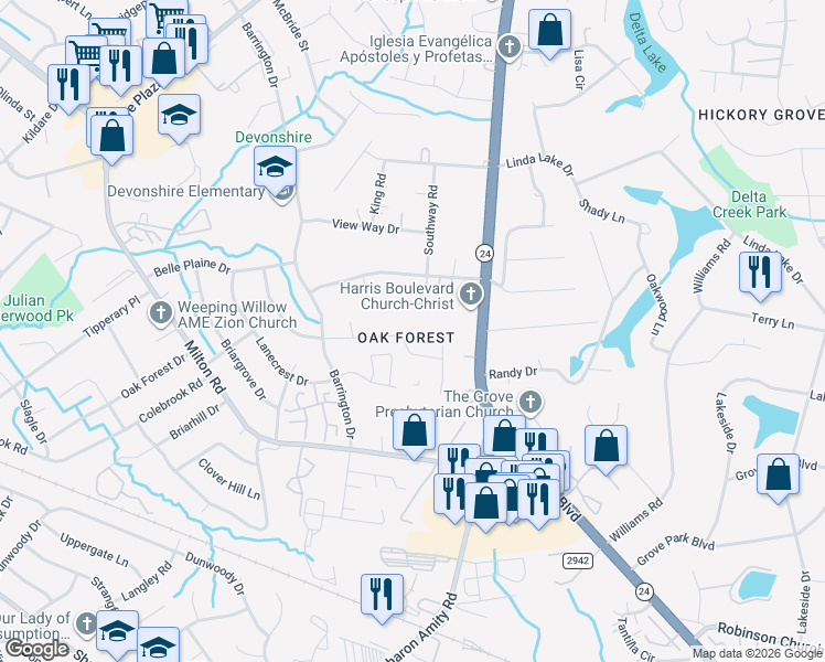 map of restaurants, bars, coffee shops, grocery stores, and more near 5143 Delivau Drive in Charlotte