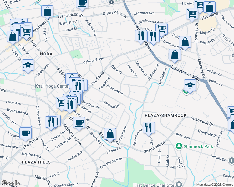 map of restaurants, bars, coffee shops, grocery stores, and more near 1500 Academy Street in Charlotte