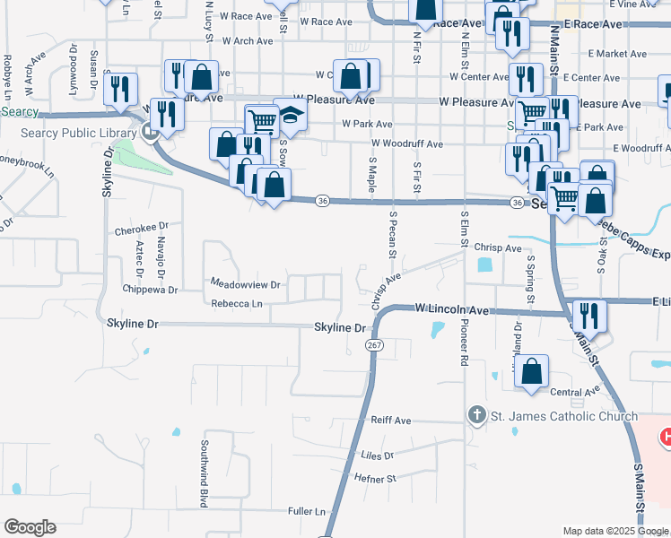 map of restaurants, bars, coffee shops, grocery stores, and more near 2 Gin Creek Drive in Searcy