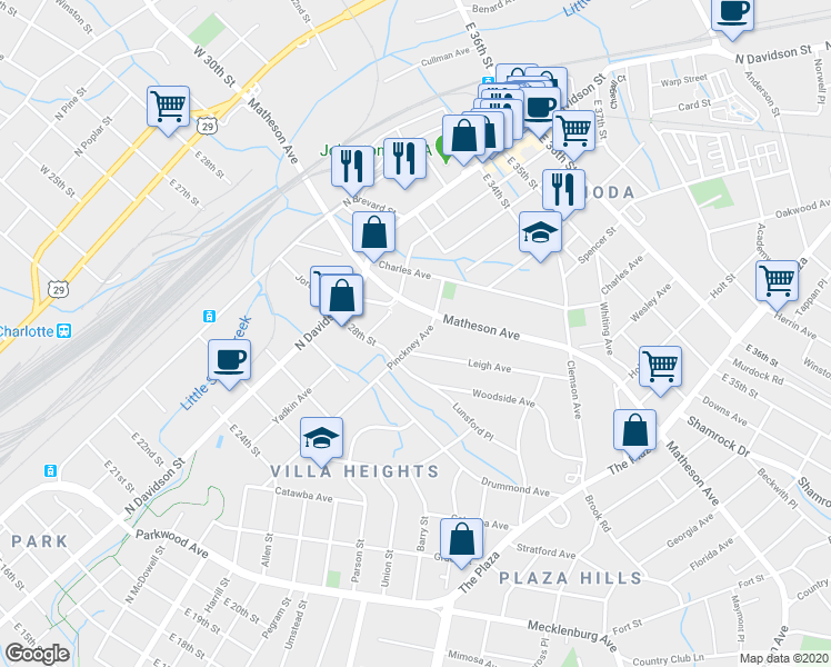 map of restaurants, bars, coffee shops, grocery stores, and more near 2543 Pinckney Avenue in Charlotte